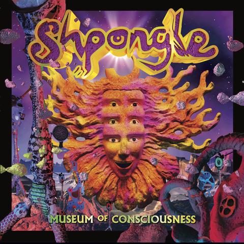 Cover of Museum of Consciousness (2013): the Shpongle mask in orange and pink coral-like bloom under a purple sky, with chunky gold Shpongle lettering